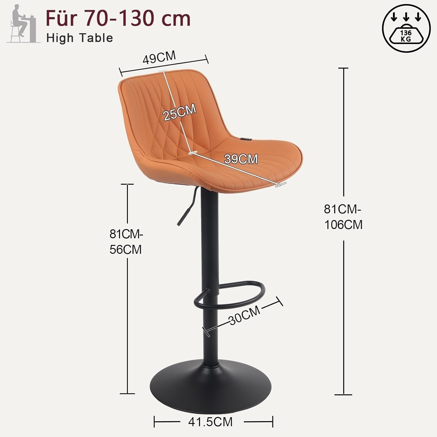 Camel Bar Stool PU Leather Swivel Height Adjustable Kitchen Chair