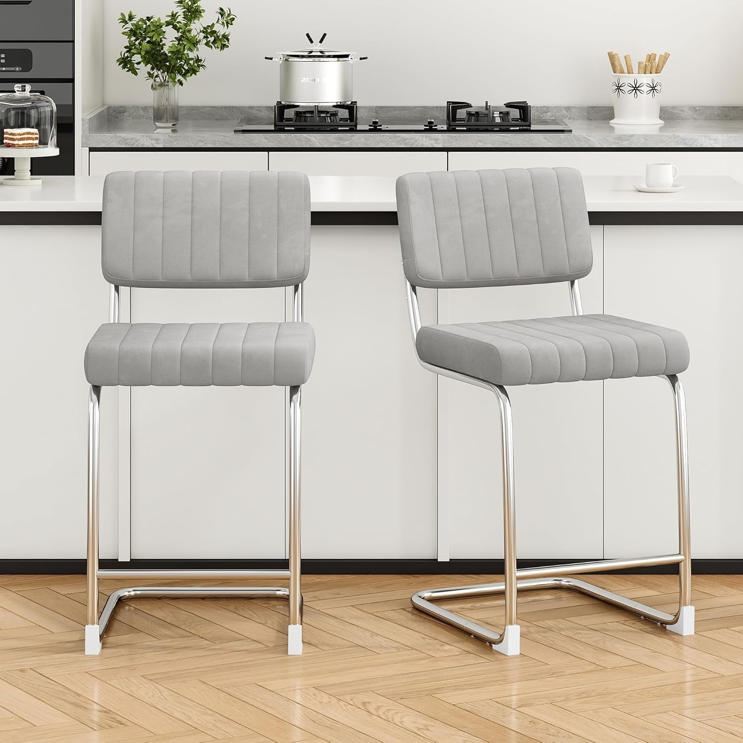 Grey Faux Leather Bar Stools Set of 2 Rectangular Metal Counter Chairs