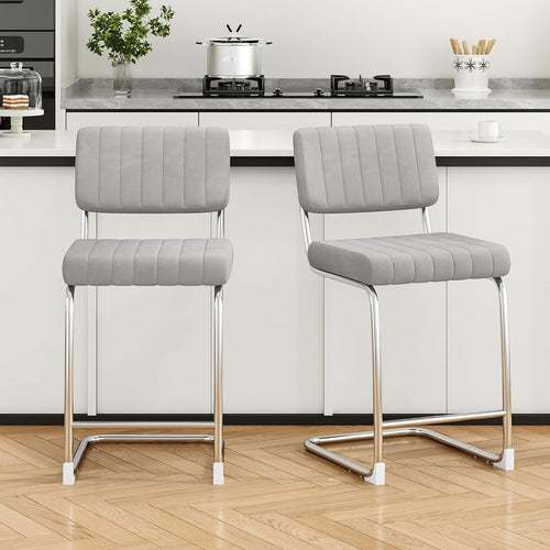 Grey Faux Leather Bar Stools Set of 2 Rectangular Metal Counter Chairs