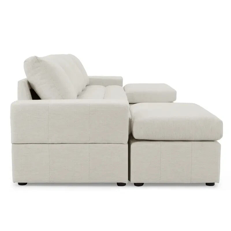 4 Seater Modular Sofa Light Grey Linen with Footstools – Family Couch Set