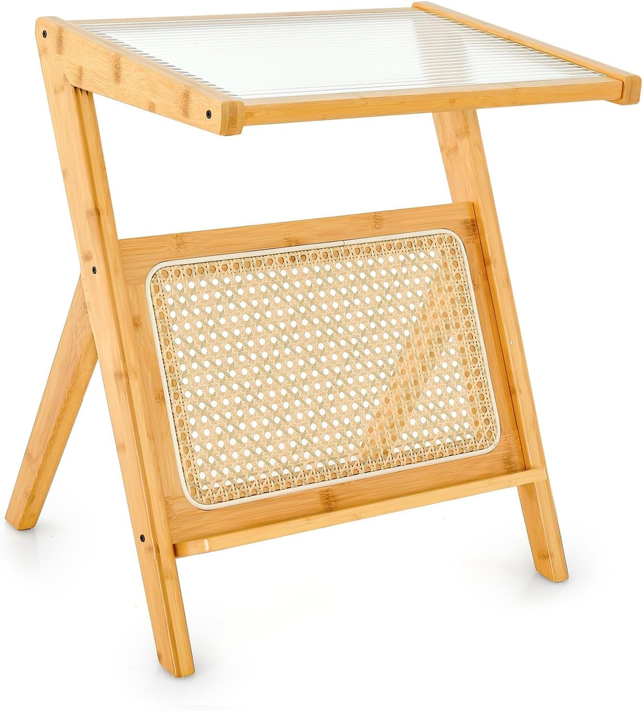Slim Bamboo Side Table with Glass Top & Magazine Rack | 2-Tier Bedside Sofa Tabl