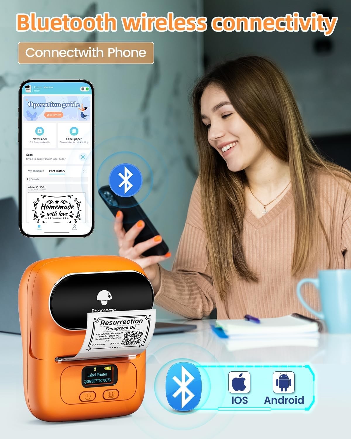 Mini Bluetooth Thermal Label Printer M110 Orange