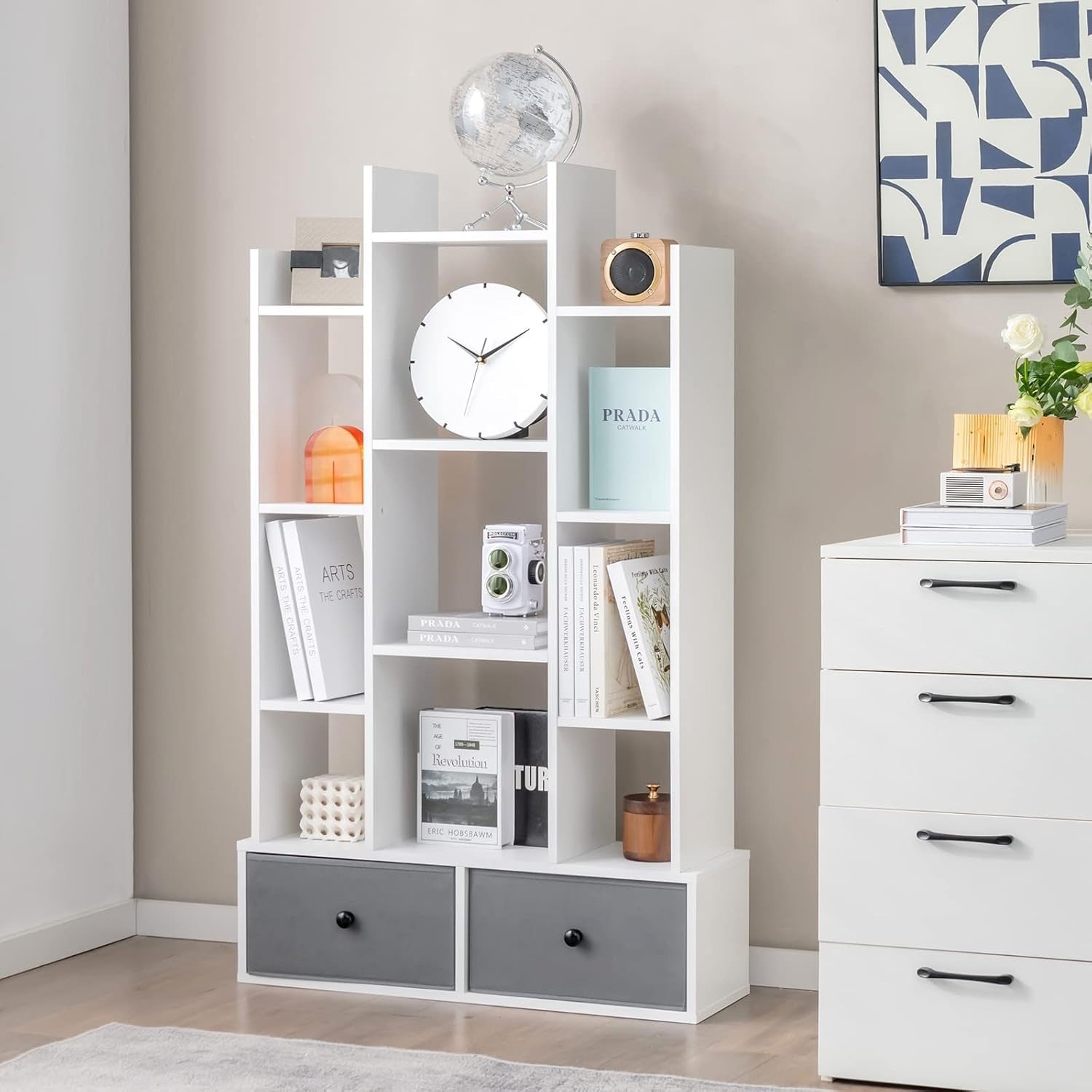 12-Tier White Wooden Bookshelf with 2 Foldable Drawers, Waterproof Storage