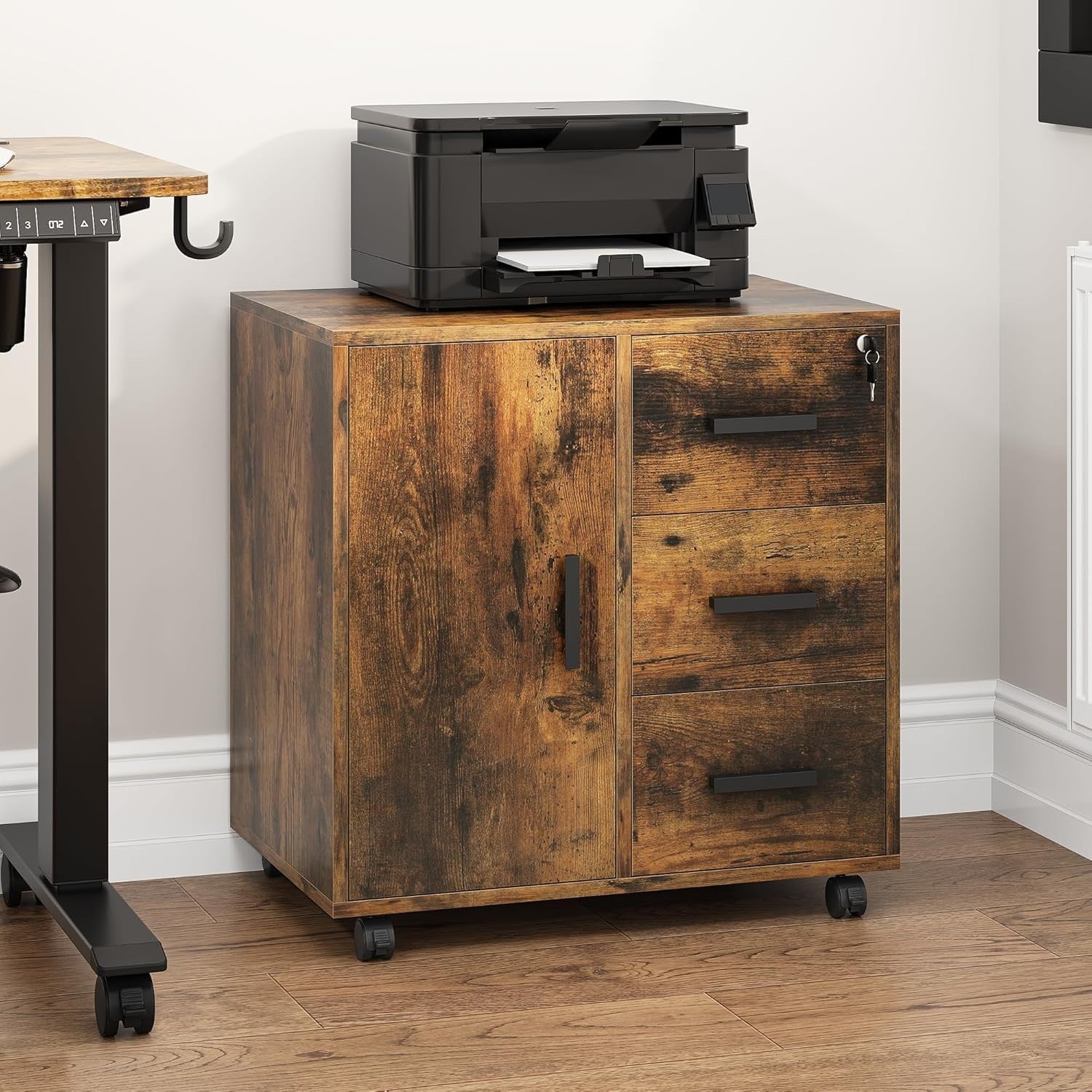 Mobile File Cabinet 3 Drawer Lockable Rolling Office Printer Stand