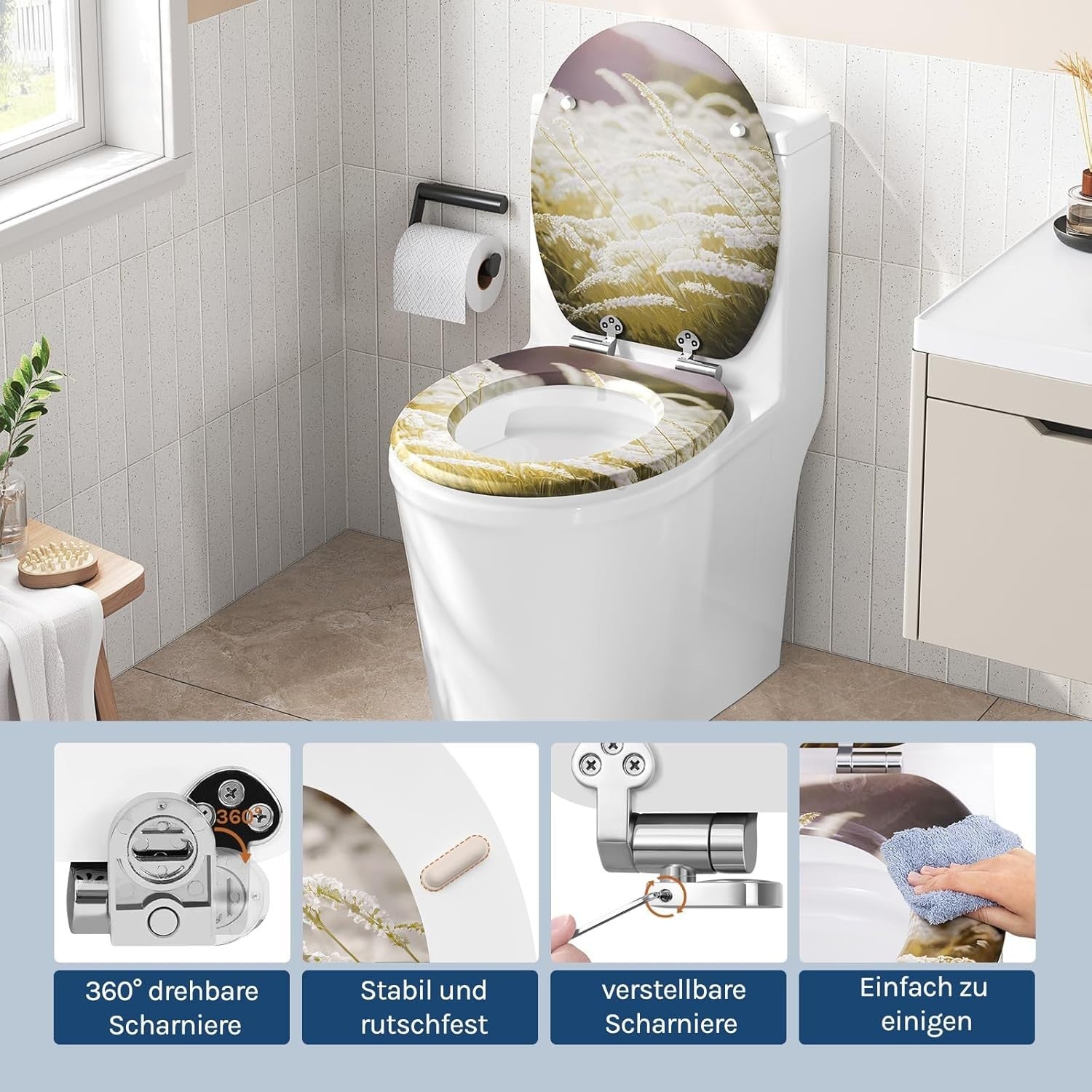 O-Shaped Toilet Seat Soft Close Adjustable Hinges Reeds Pattern MDF