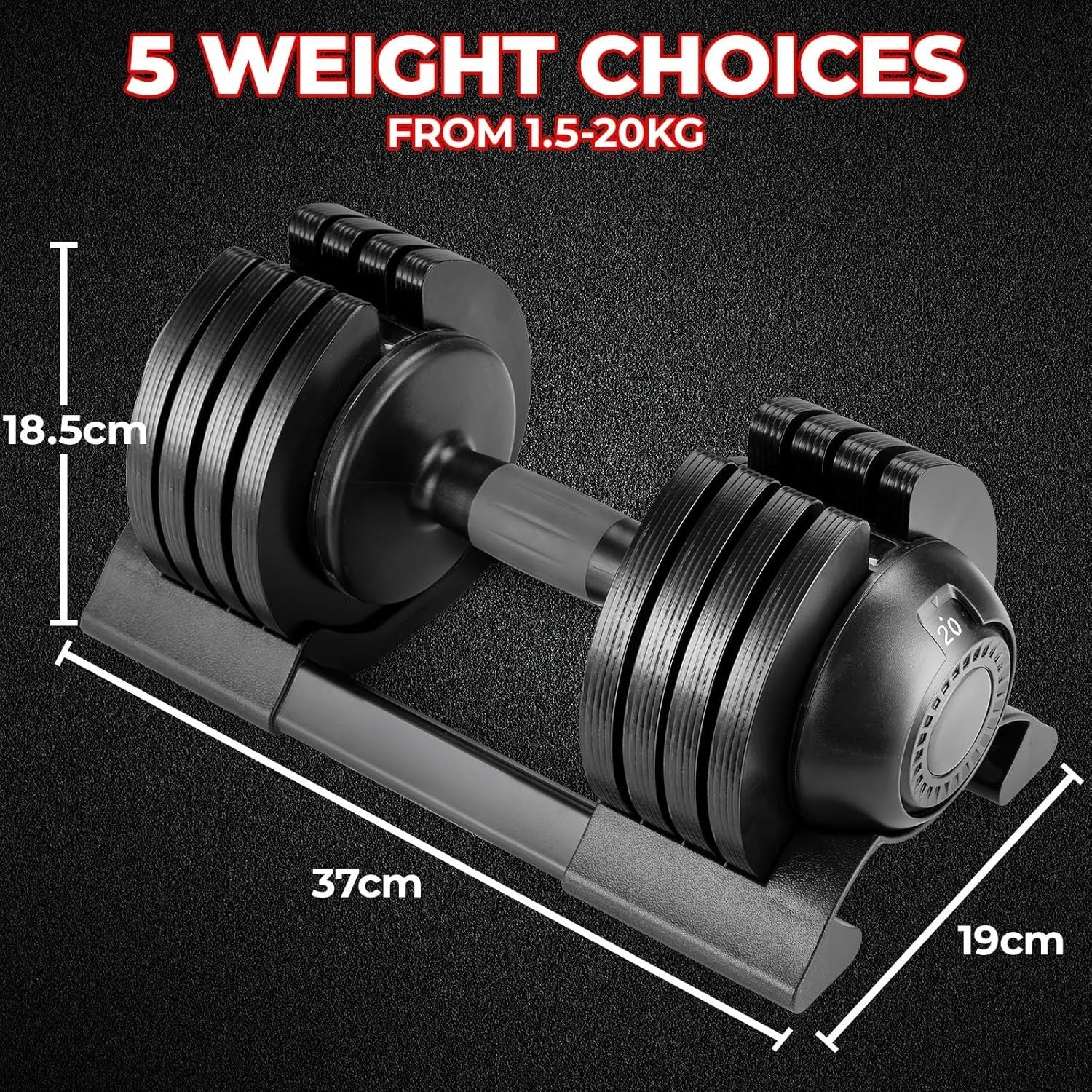 20kg Adjustable Dumbbell Single 5-in-1 Quick Change Non-Slip Home Gym
