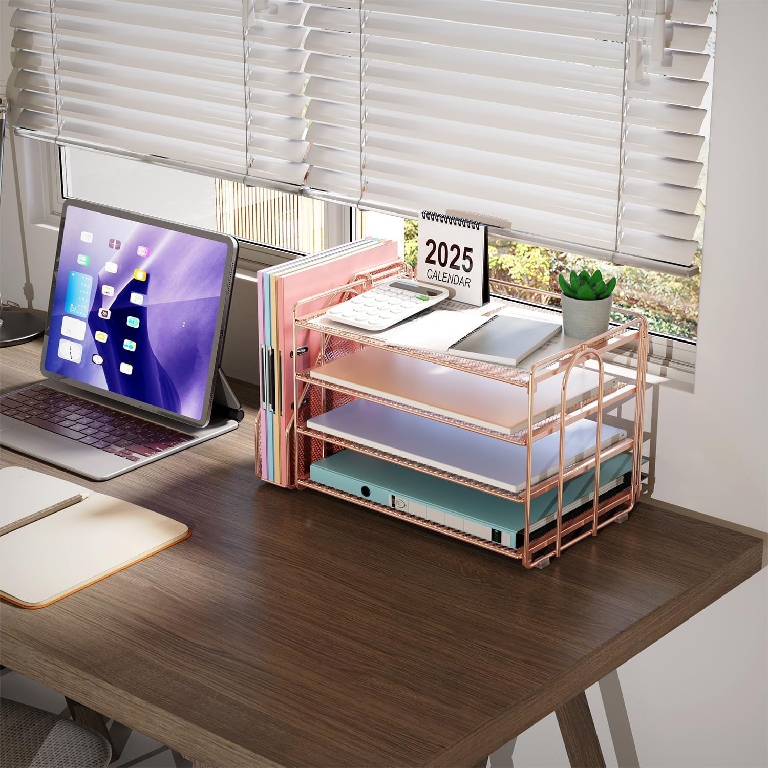 Large Desk Organizer with 4-Tier Paper Tray & Detachable Magazine Holder