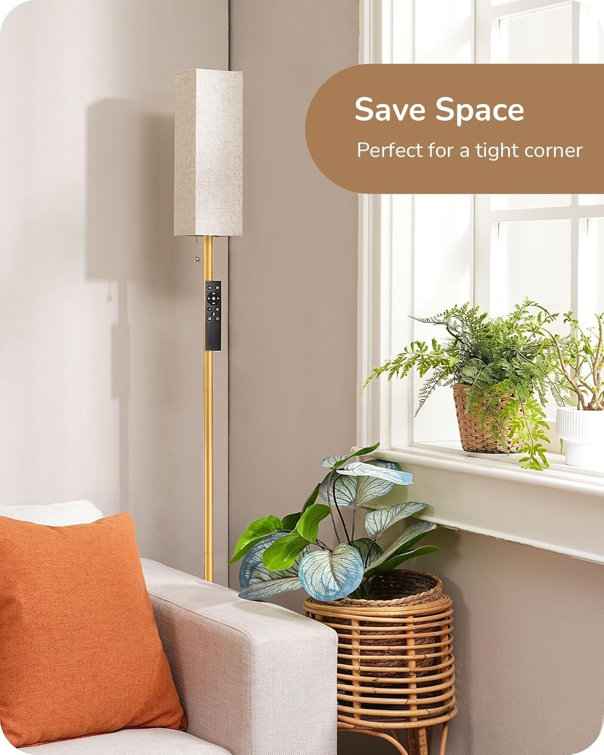 Gold LED Floor Lamp Dimmable Remote Control Standing Light Linen Shade