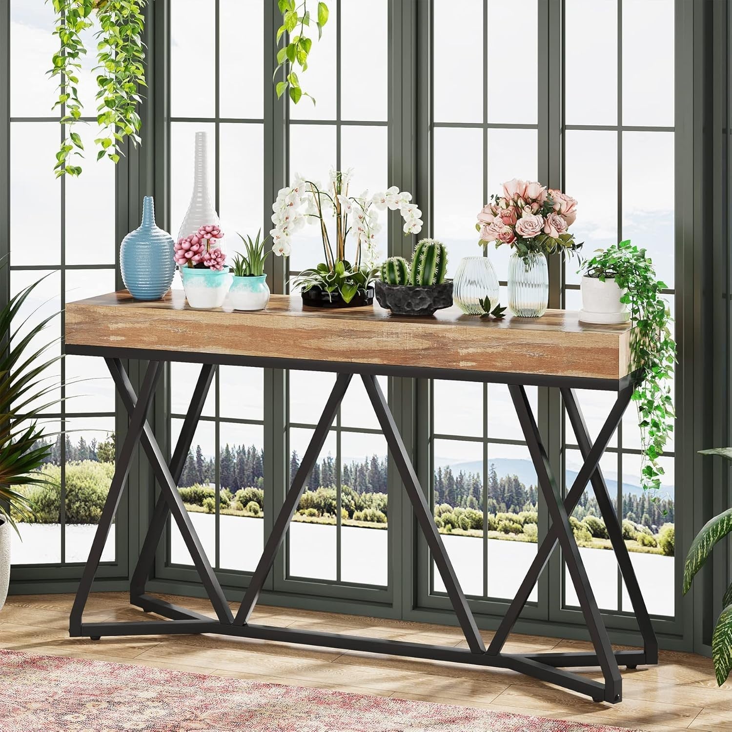 Stylish 55" Farmhouse Console Table with Metal Base – Sturdy & Versatile