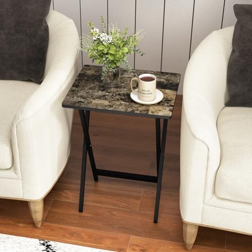 Set of 4 Folding Tray Tables with Rack Portable Faux Marble TV Snack Tables