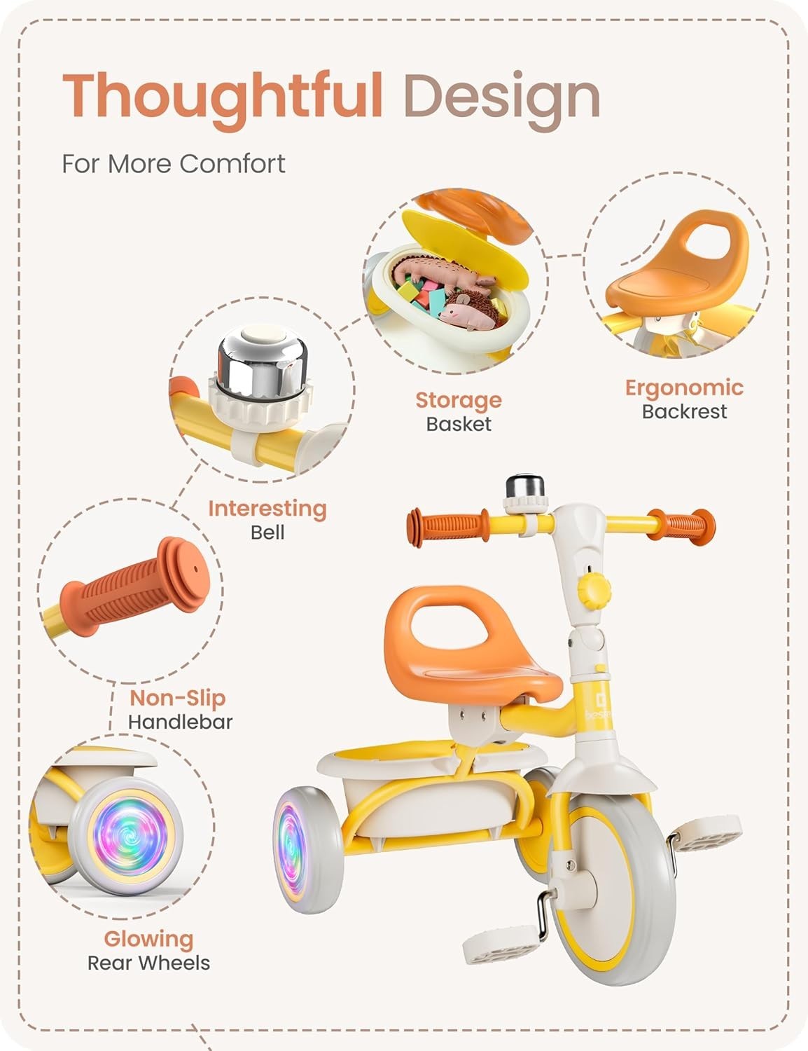 Kids Tricycle Flash LED Wheels Foldable Toddler Trike Yellow Age 18M-5Y