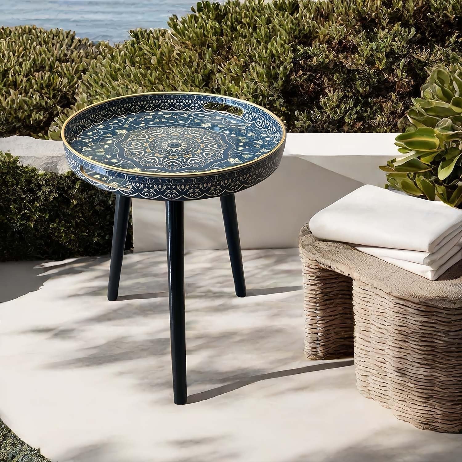 Round Outdoor Side Table with Detachable Legs – 50x38x38cm Blue Maze