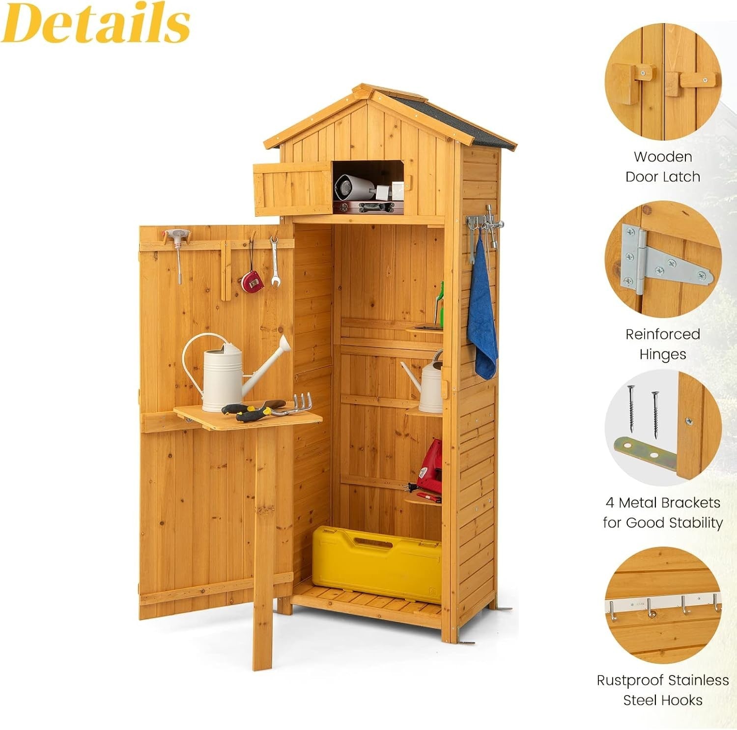 Fir Wood Garden Shed 75x50x180cm Outdoor Tool Storage Cabinet with Roof Hatch