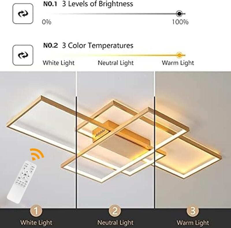 Gold LED Ceiling Light 3 Square Dimmable 50W Remote Control Modern Fixture