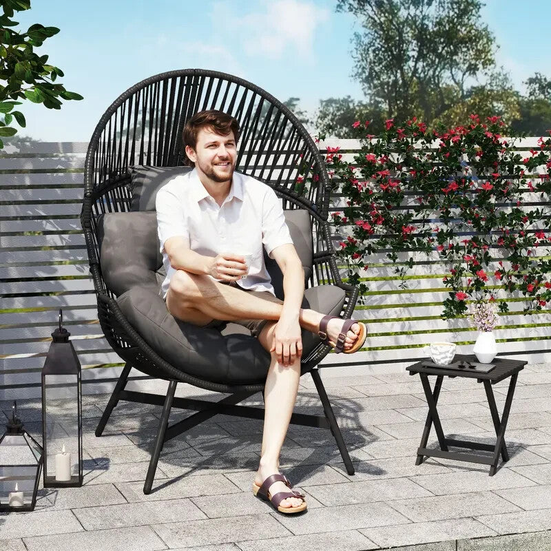 Outdoor Rattan Egg Chair with Cushion Headrest Patio Garden Lounge Seat