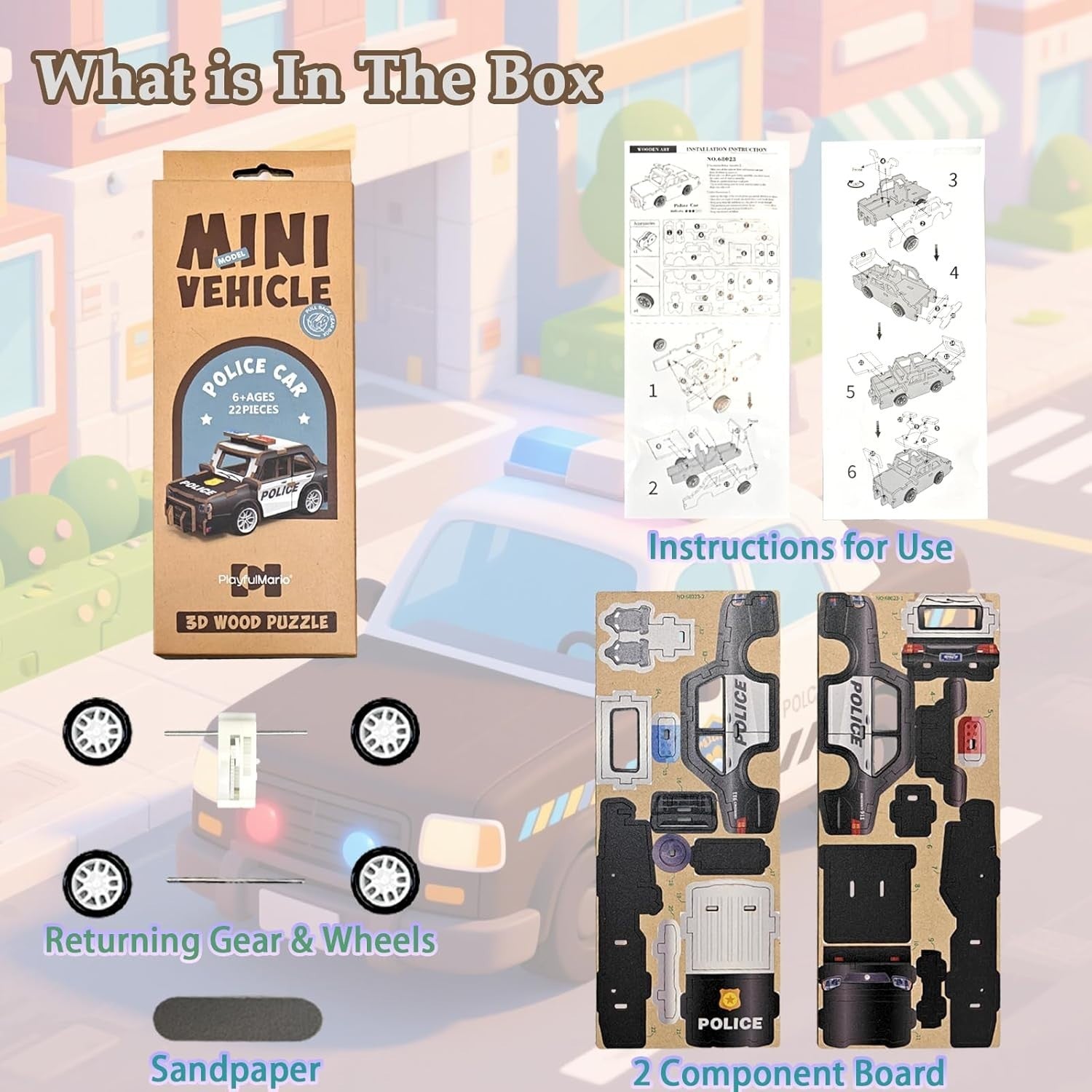 3D Wooden Police Car Puzzle for Kids 6-12 - Educational DIY Model Toy