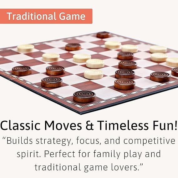 12" Foldable Draughts & Checkers Board | Wooden & Paper Game Set | Classic