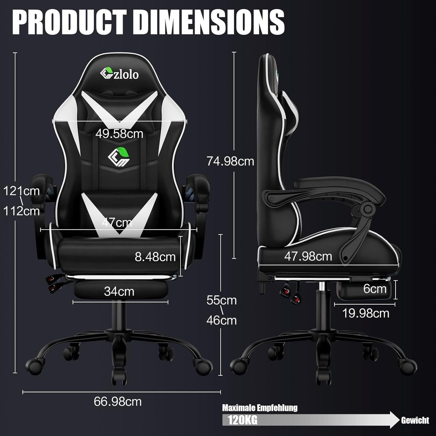 White Gaming Chair w/ Footrest Massage Lumbar Reclining