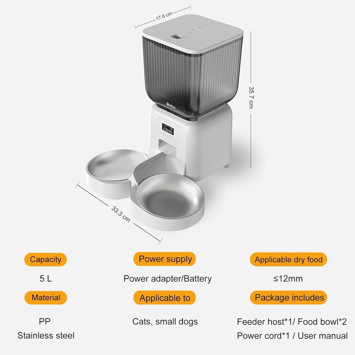 Automatic Cat Feeder 5L Dry Food Dispenser Timer 6 Meals Portion Control