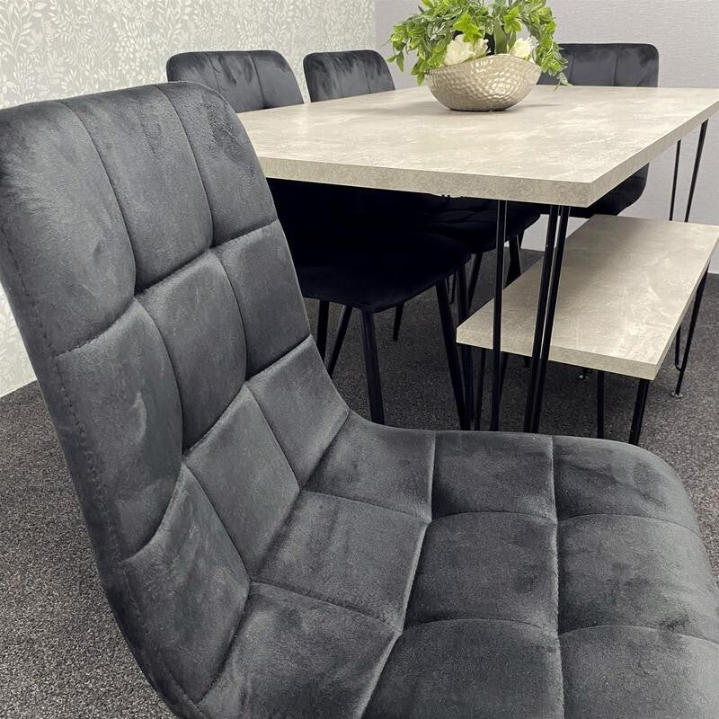 Grey Dining Table Set with Bench & 4 Black Velvet Chairs Hairpin Legs