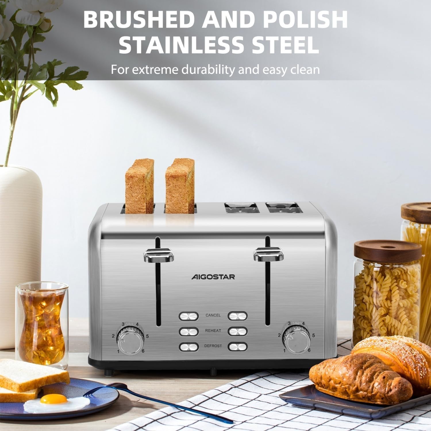 4-Slice Stainless Steel Toaster Extra-Wide Slots High Lift Defrost Reheat
