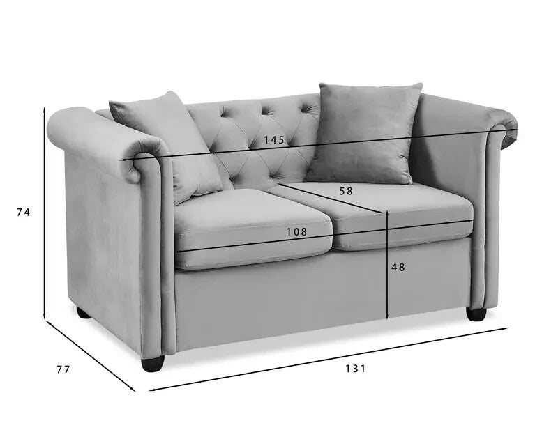 2 Seater Chesterfield Sofa Grey Velvet Scroll Arms Plush Living Room