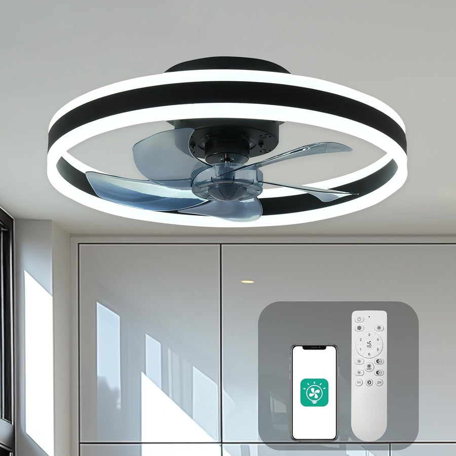 20" Ceiling Fan Light, 6 Speeds, Reversible, Smart Dimmable LED, App, Remote