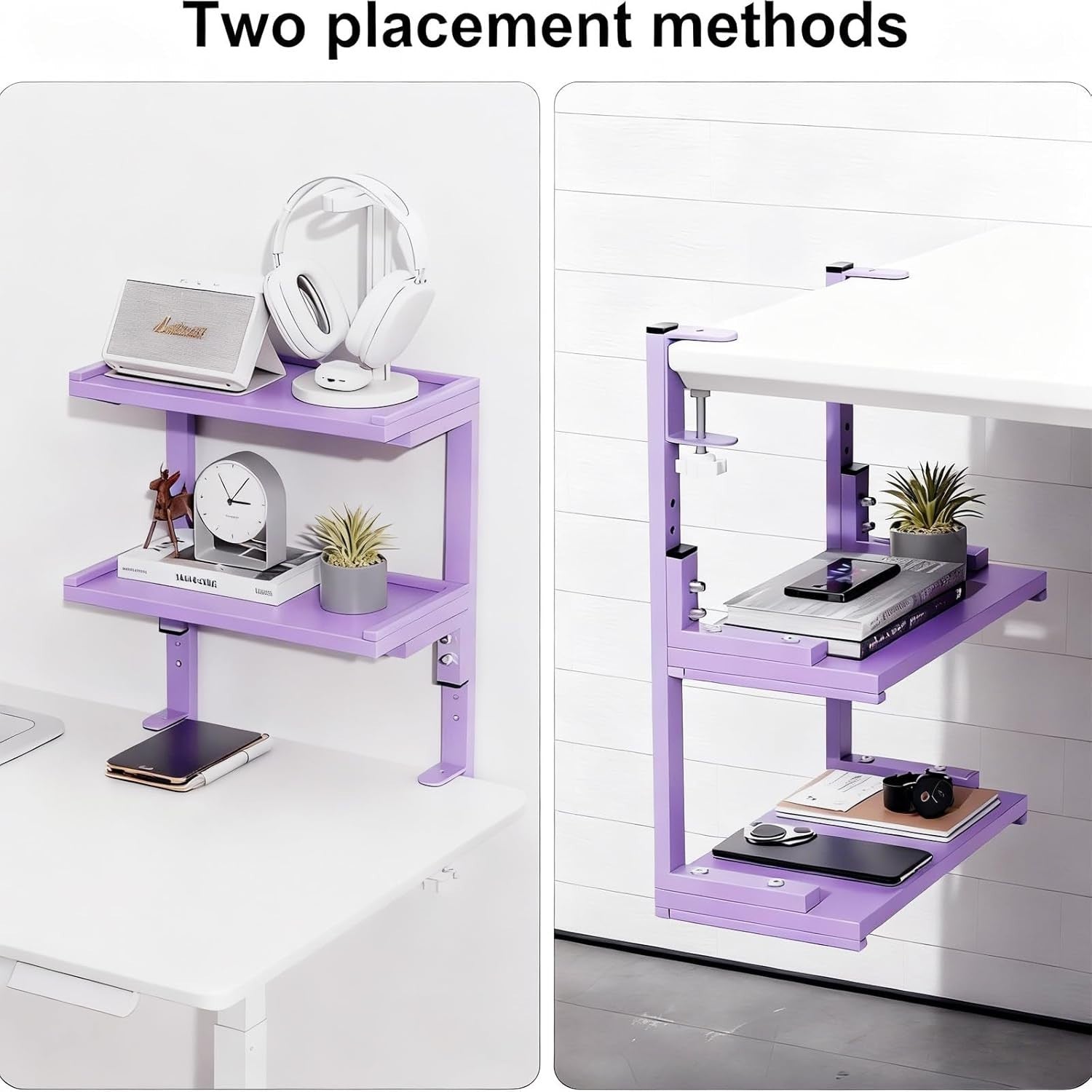 Purple Clamp-On Desk Shelf 2-Tier Adjustable Desktop Organizer Storage Rack