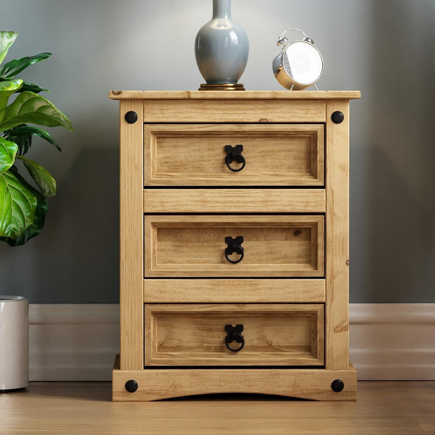 Solid Pine 3 Drawer Bedside Table, Rustic Wooden Nightstand, Wax Finish