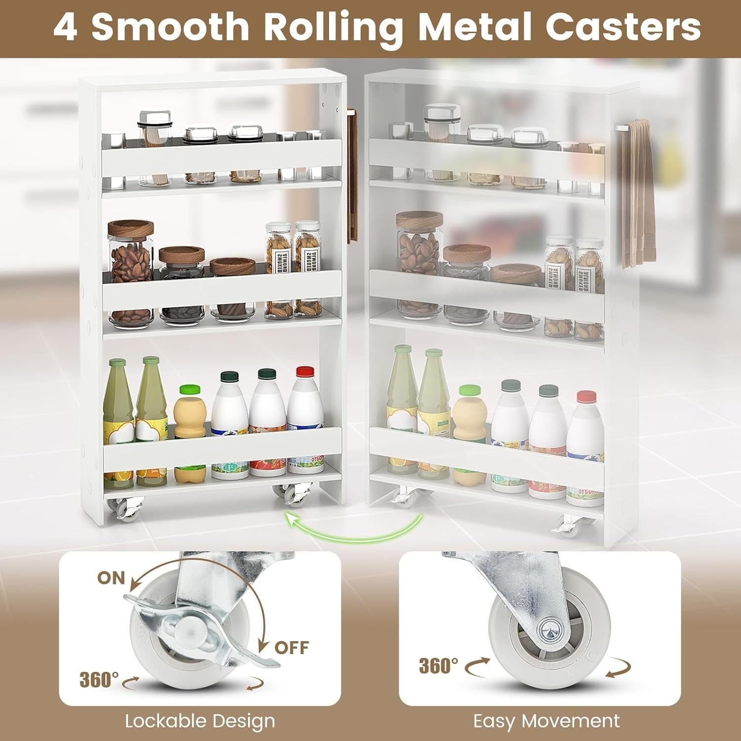 4 Tier Slim Storage Trolley Rolling Cart Narrow Kitchen Organizer White