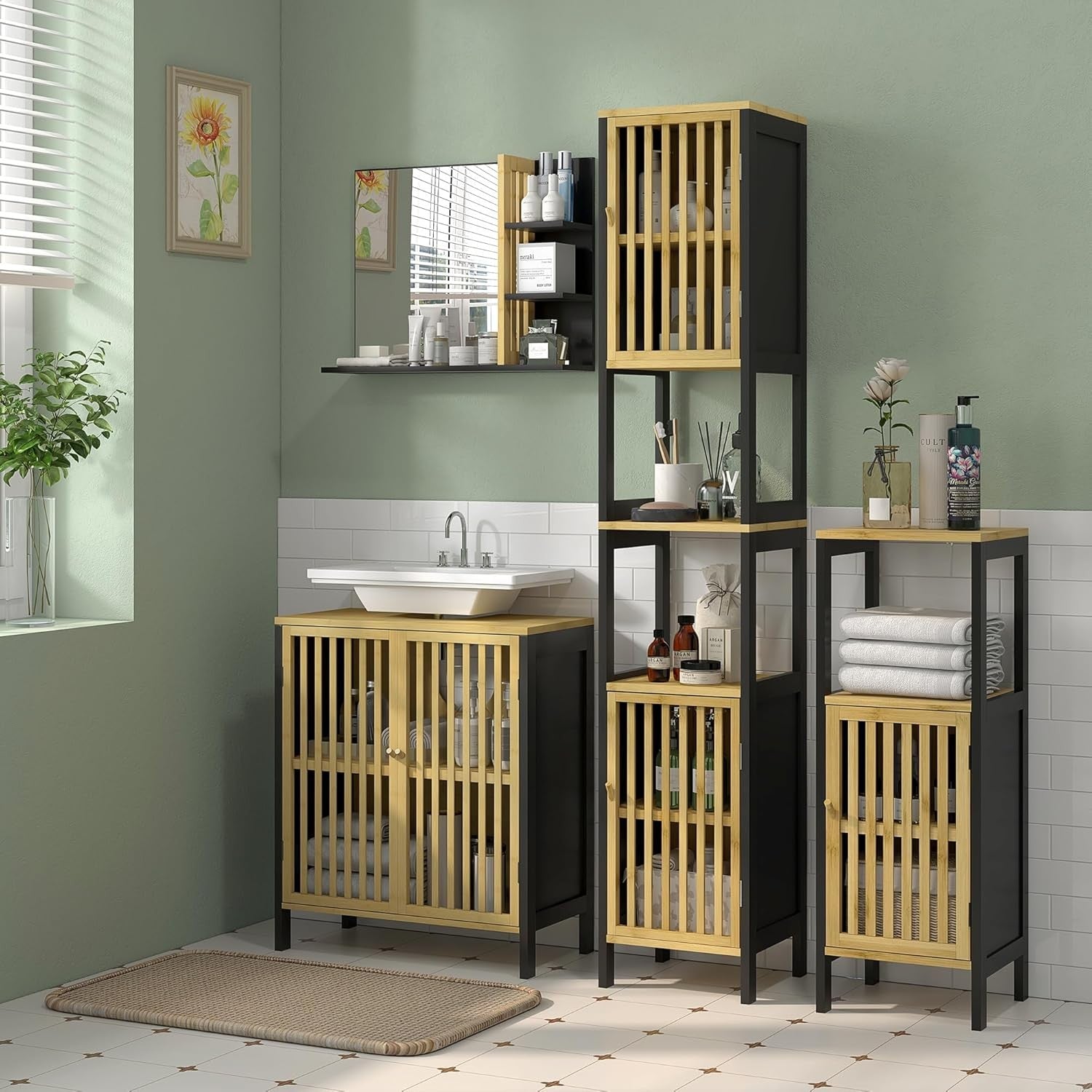 Bamboo Bathroom Sink Cabinet Under Sink Storage Unit with Adjustable Shelf