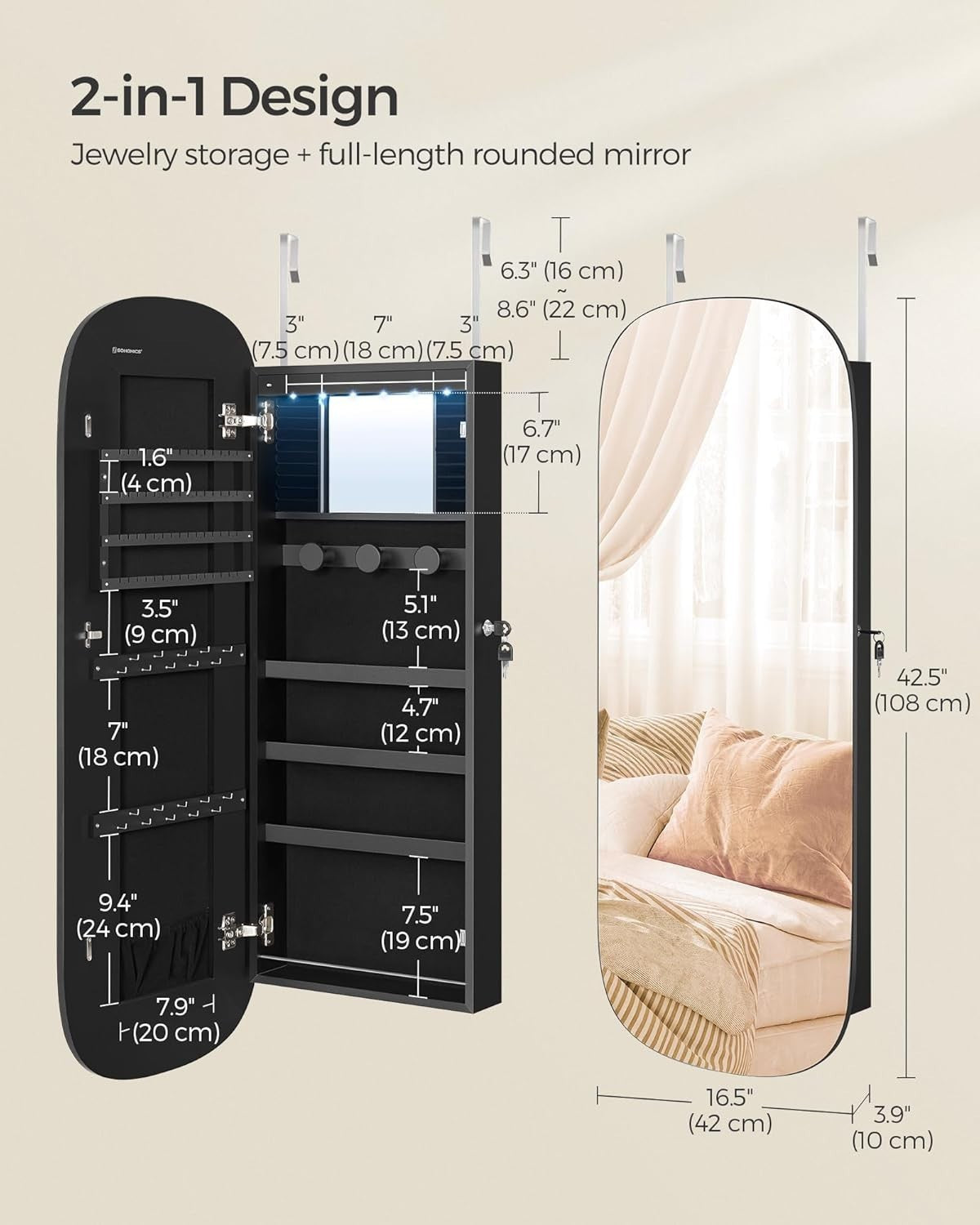 Black LED Wall Mounted Jewelry Cabinet Mirror Lockable Wide Storage