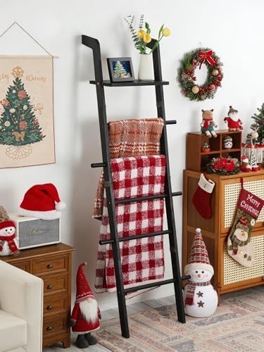 67in Black Wood Blanket Ladder with Top Shelf Hooks 5-Tier Farmhouse Rack
