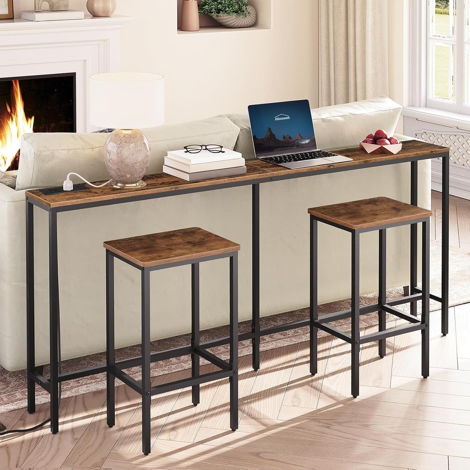 Narrow Sofa Console Table with USB & Power Strip, Rustic Wood, 180cm