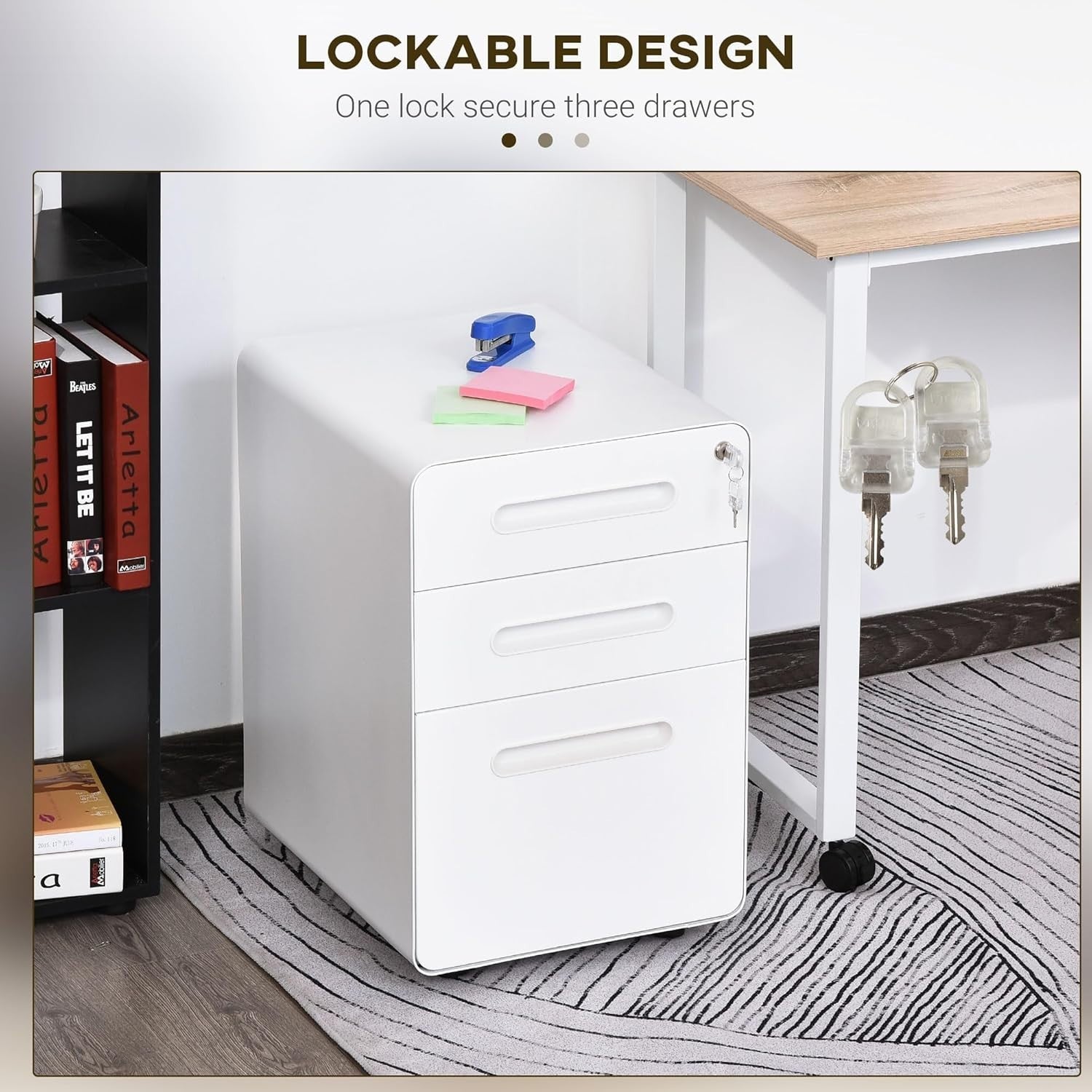 White 3 Drawer Lockable Filing Cabinet with Wheels A4 Home Office Storage