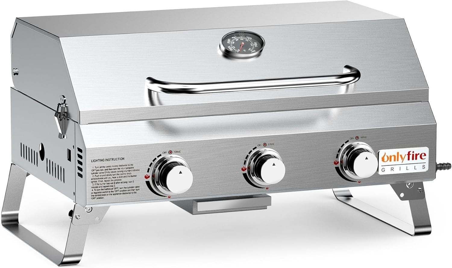 3 Burner Portable Gas BBQ Grill Stainless Steel Tabletop Outdoor Camping Cooker
