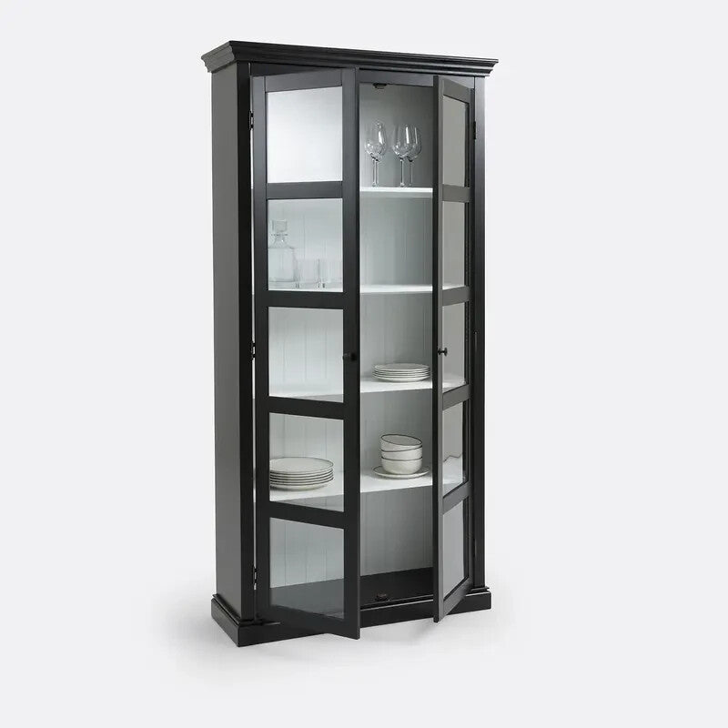 Tall Glass Display Cabinet Black Solid Pine Storage Unit 100x200x37cm