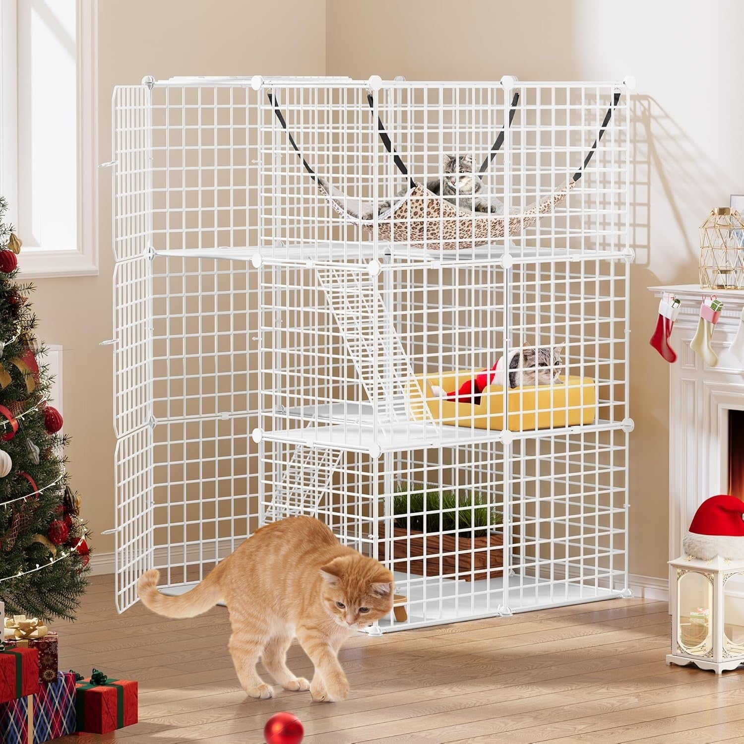 3-Tier Indoor Cat Cage Playpen with Large Hammock, Ladder & Doors, 72x72x107cm