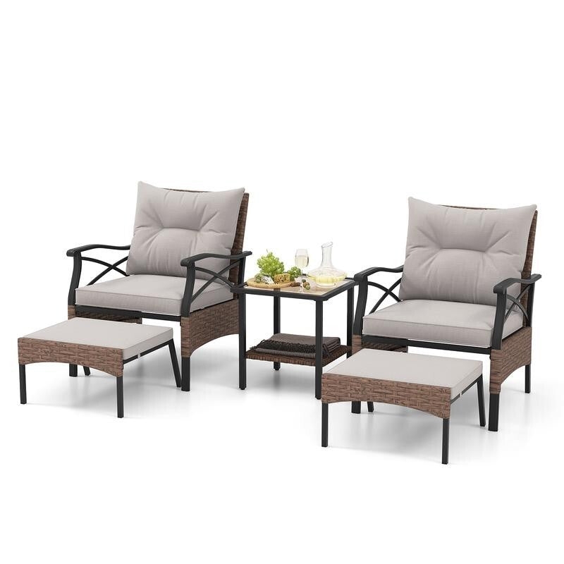 5 Piece Rattan Patio Furniture Set w/ Cushions & Table Outdoor Garden Seating