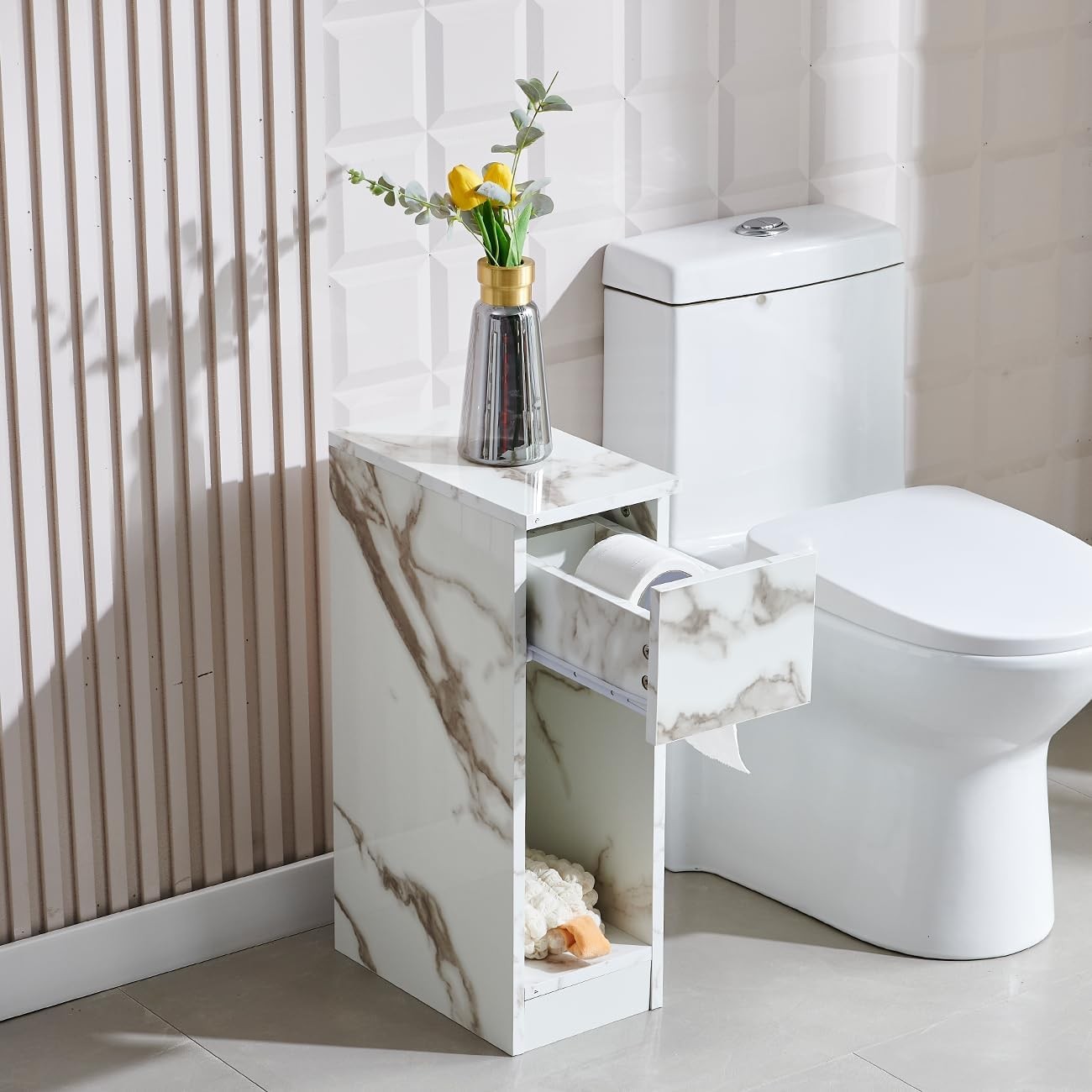 White Marble Slim Bedside Table with Drawer & Shelf, Narrow Modern Nightstand