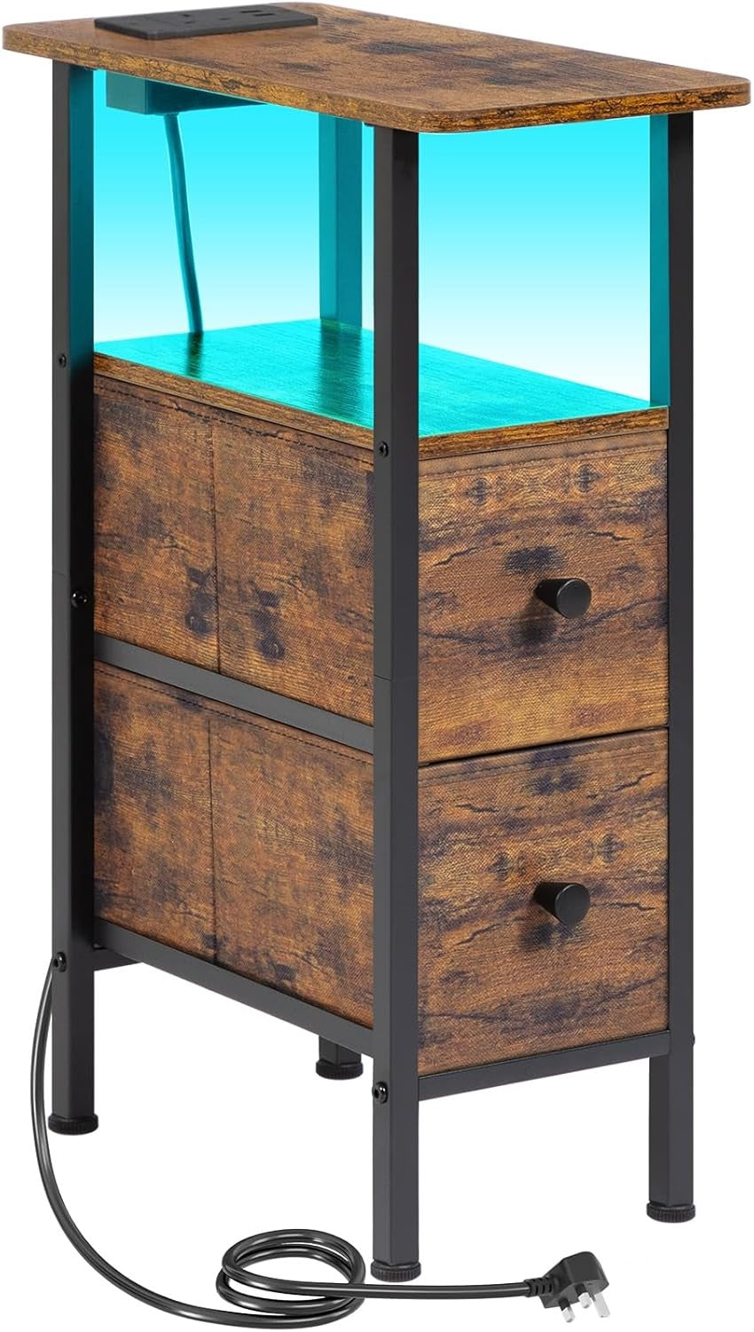 Slim LED Bedside Table with Charging Station, 2 Drawers & Shelf Rustic Brown