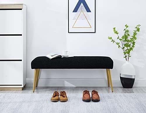 Luxury Black Upholstered Entryway Bench with Gold Metal Legs – 112cm Padded