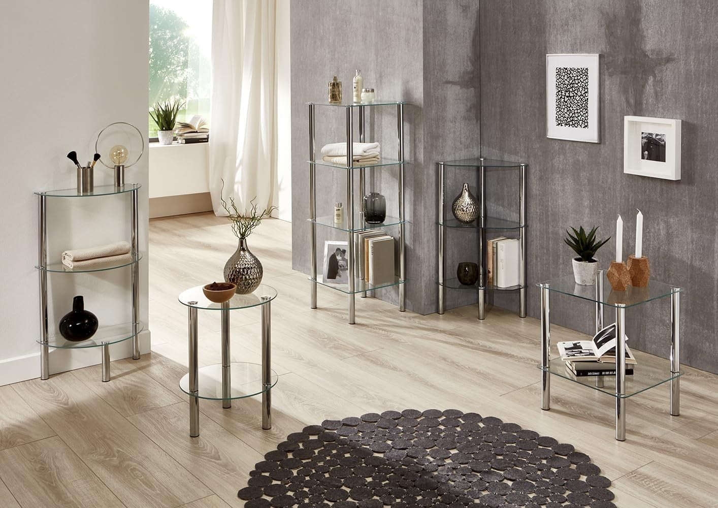 Modern Chrome Metal End Table with Tempered Glass Shelf 39x39x47cm