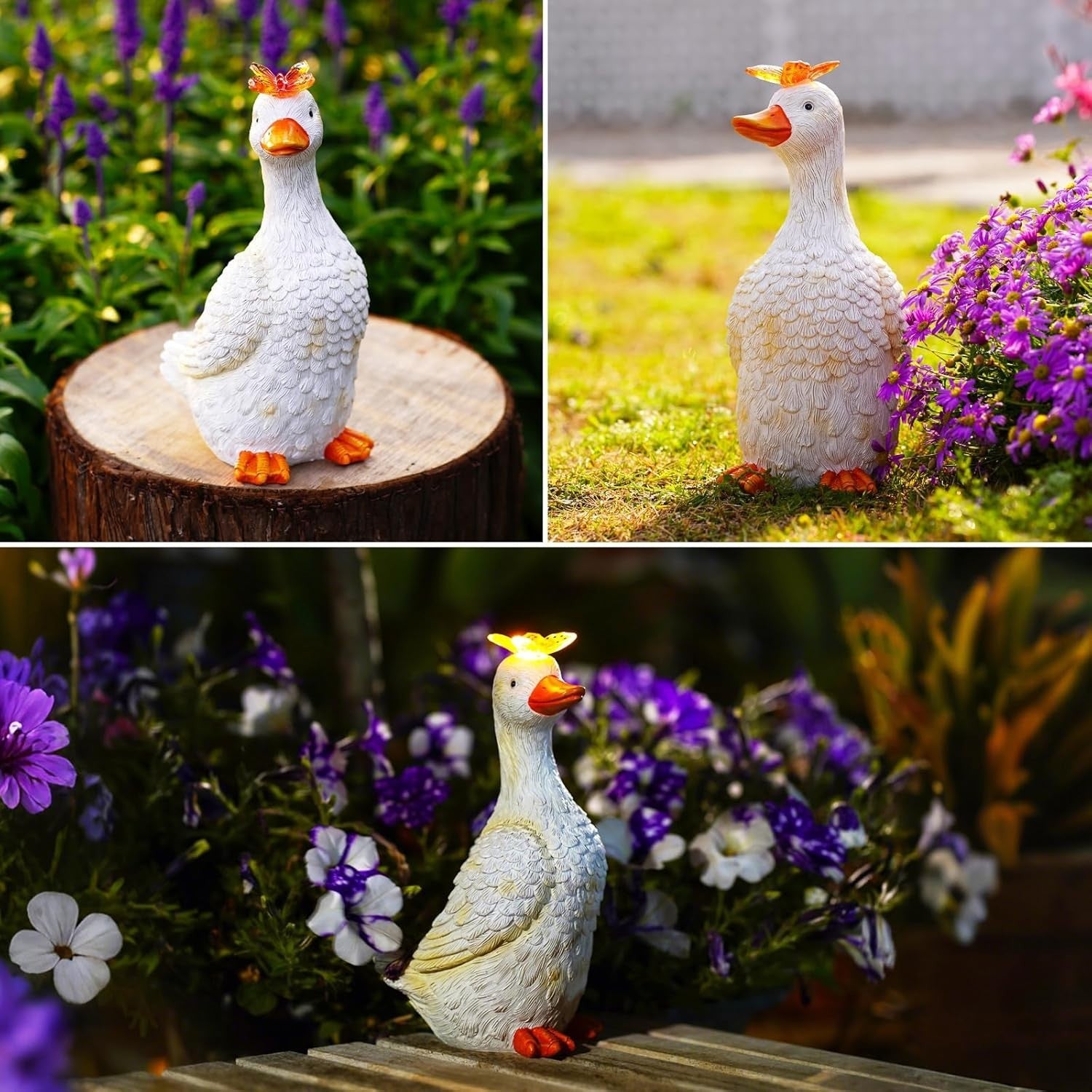 Solar Goose Garden Ornament White Resin Statue with Butterfly Light Outdoor