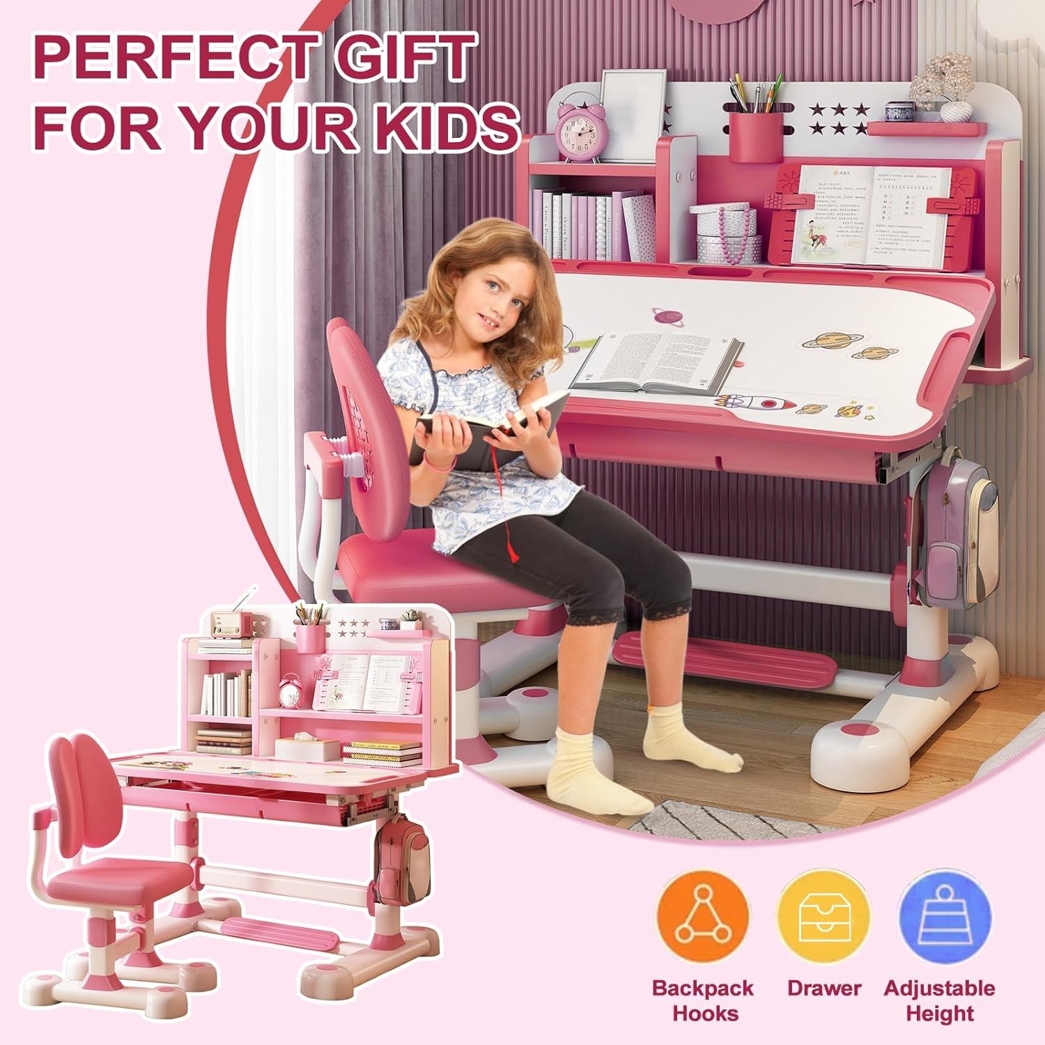 Adjustable Kids Desk & Chair Set with Tilt Top & Drawer – Pink Study Table