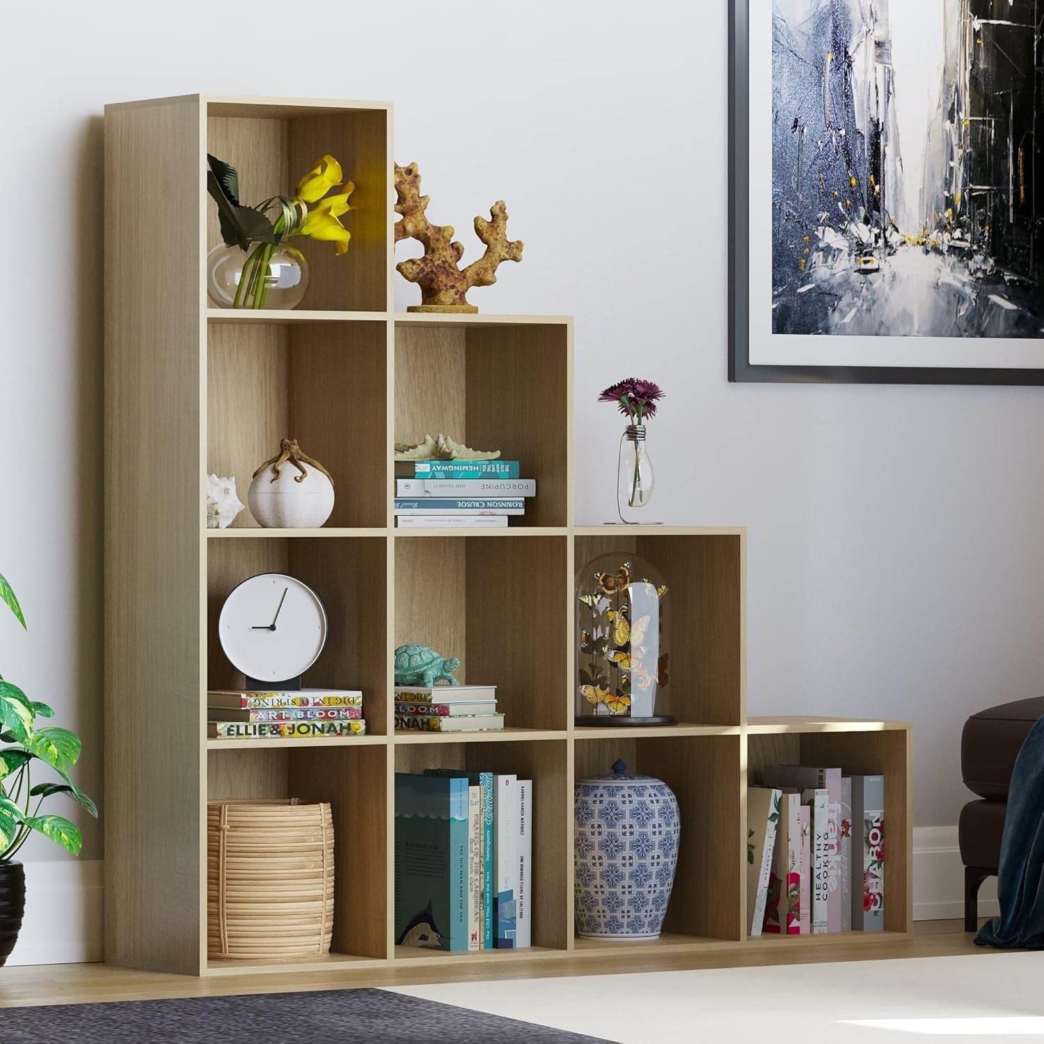 Oak 10 Cube Staircase Bookcase with 5 White Baskets Modern Storage Unit
