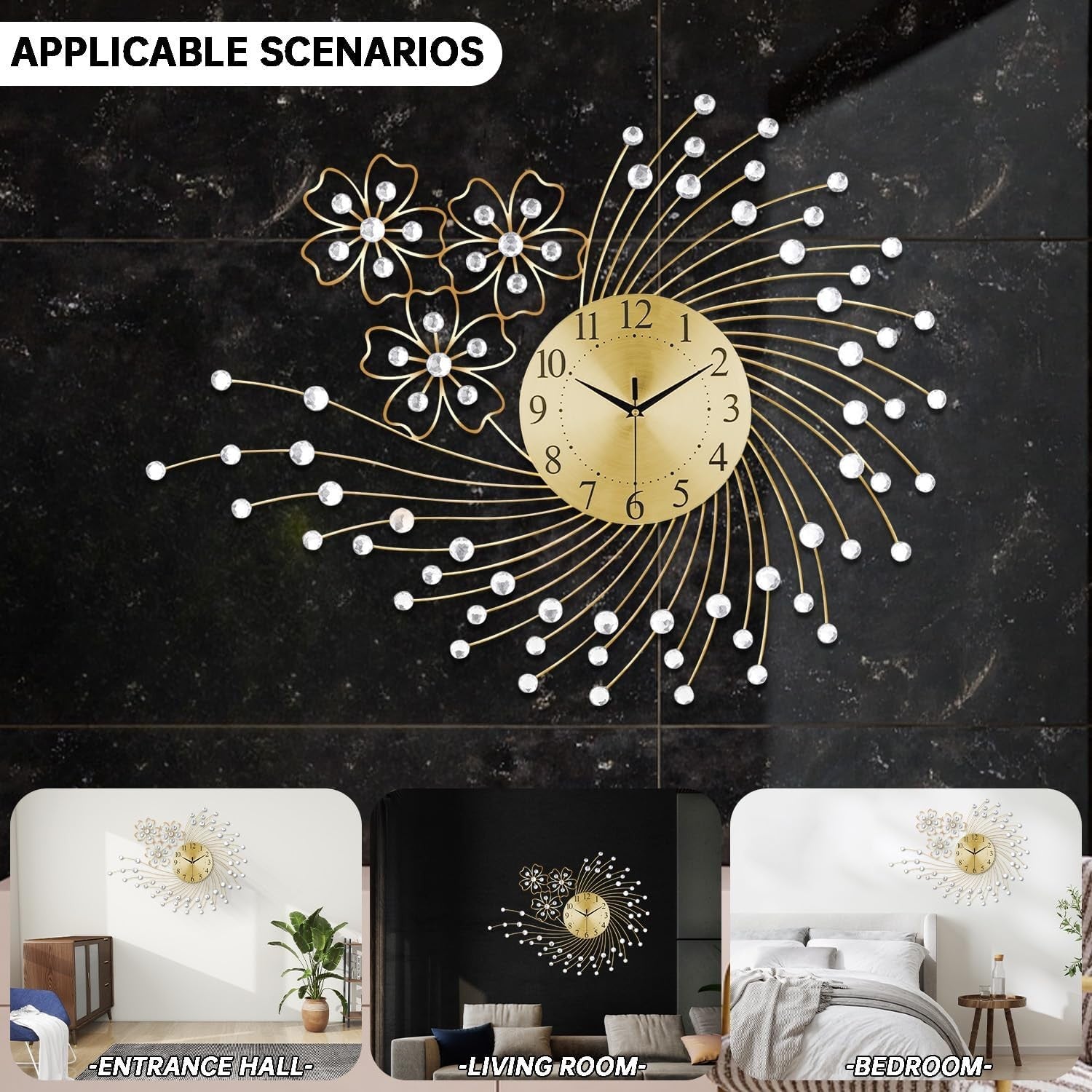 83×63cm Large Gold Wall Clock – Silent Modern Art Metal Oversized Design