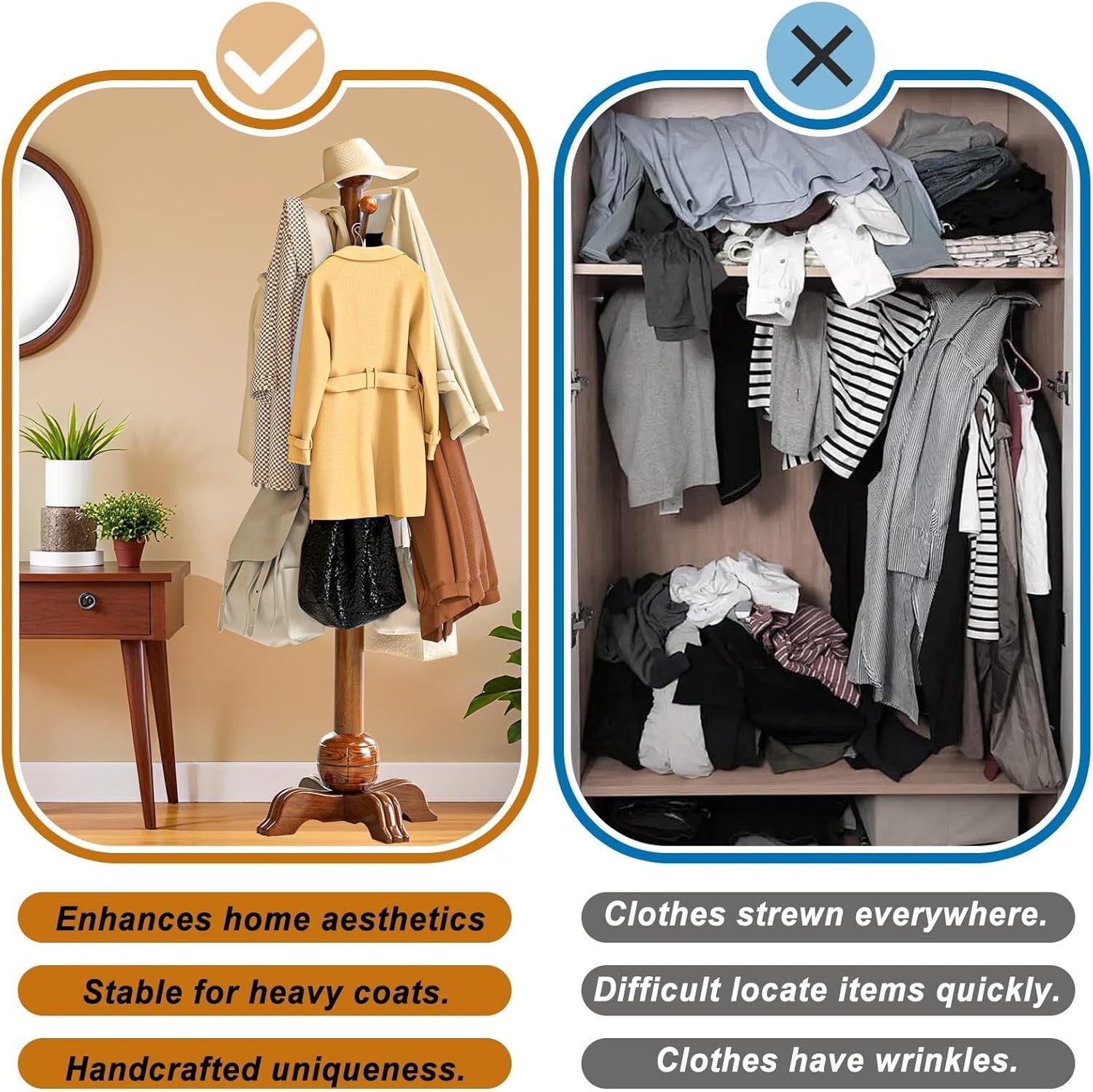 Wood Standing Coat Rack 8 Hooks | Heavy Duty Hat & Coat Stand 173cm