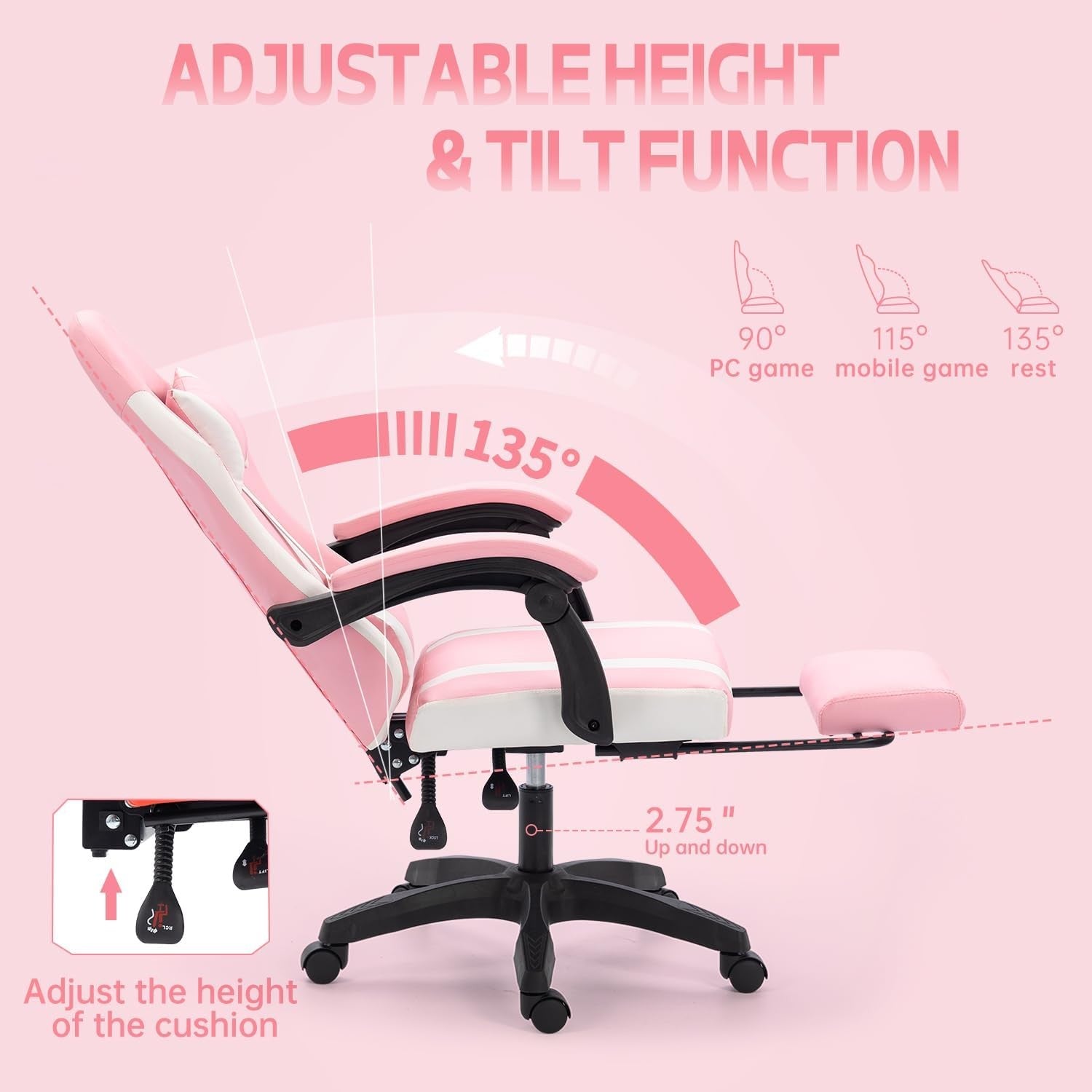 Pink Kids Gaming Chair Recliner Swivel Desk Chair with Footrest