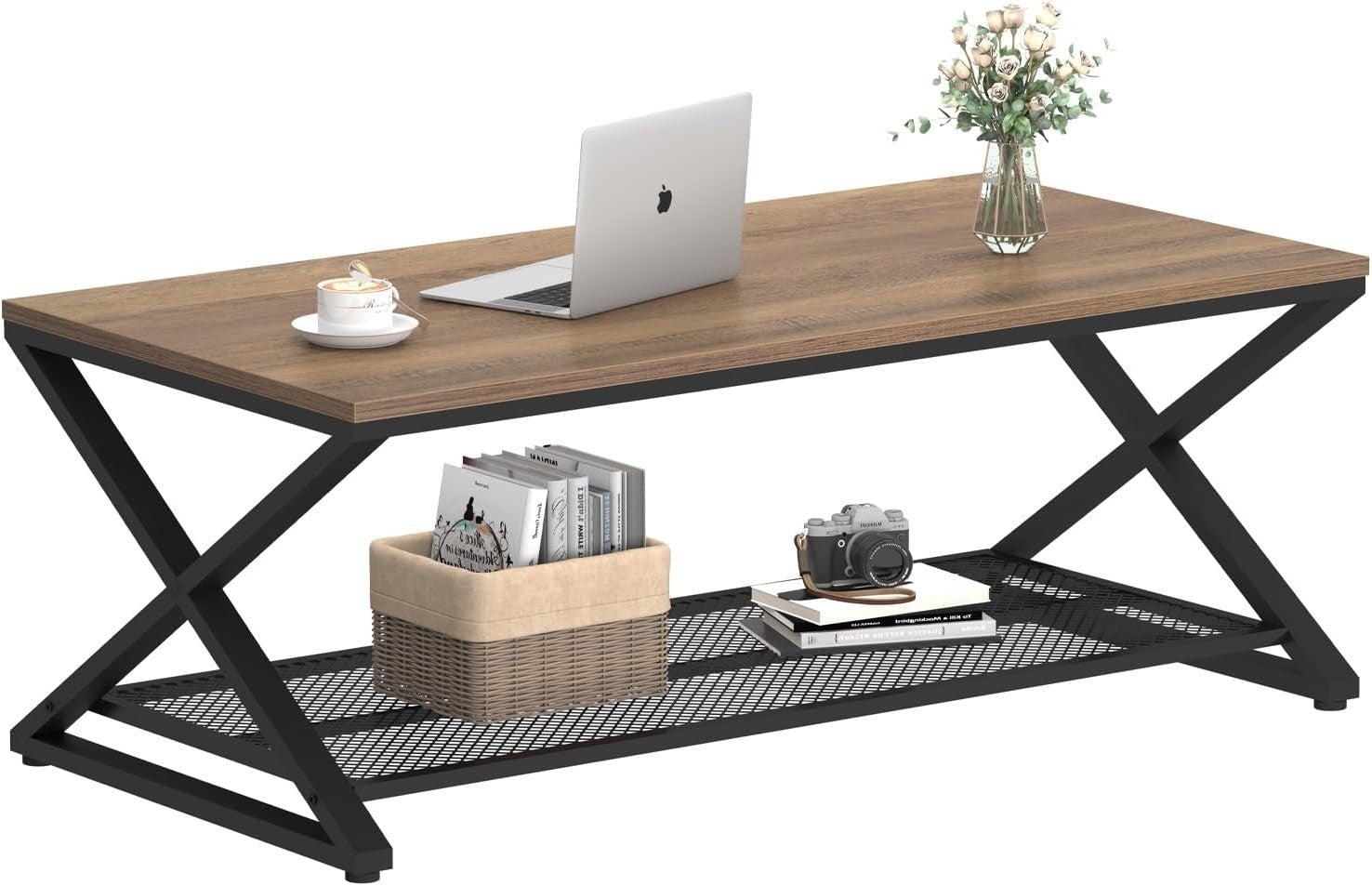 Rustic Oak Coffee Table with Storage Shelf | Industrial 2-Tier Rectangular Table